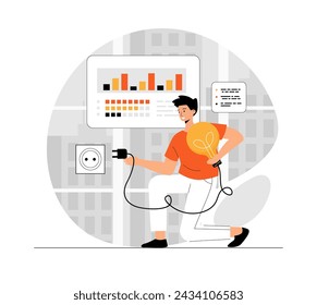 Finding ideas, solutions, brainstorming process. Man solved a problem that arose during work. Light bulb plugs in. Illustration with people scene in flat design for website and mobile development.