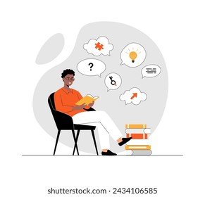 Finding ideas, solutions, brainstorming process. Man researching books for finding information and project development. Illustration with people scene in flat design for website and mobile development