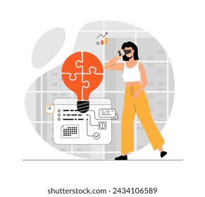 Finding ideas, solutions, brainstorming process. Woman looking through binoculars for new business ideas. Illustration with people scene in flat design for website and mobile development.