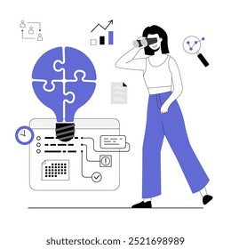 Finding ideas, solutions, brainstorming process. Woman looking through binoculars for new business ideas. Vector illustration with line people for web design.	
