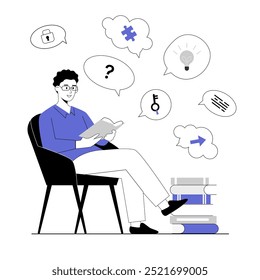 Finding ideas, solutions, brainstorming process. Man researching books for finding information and project development. Vector illustration with line people for web design.	
