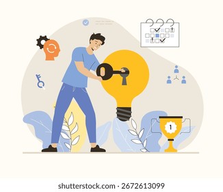Finding ideas, solutions, brainstorming process. A man found a way out of a difficult situation. Flat vector illustration.	
