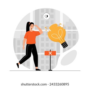Finding ideas, solutions. Brainstorming and trying to find inspiration. Unsuccessful entrepreneur or businesswoman. Illustration with people scene in flat design for website and mobile development