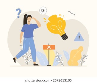 Encontrando ideias, soluções. Debate e tentativa de encontrar inspiração. Empresária ou empresária mal sucedida. Ilustração de vetor plano.	
