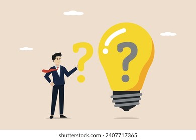 Finding ideas to solve business problems, business difficulties concept, finding solutions, FAQ concept, businessman finding solutions to problems business ideas on idea light bulb.