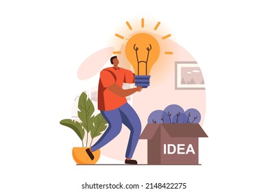Finding ideas web concept in flat design. Man brainstorming, searching solutions for business and achievement goals. Inspiration, motivation and creativity. Vector illustration with people scene