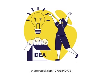Encontrando ideias web conceito com pessoas planas para design de site. Mulher fazendo pesquisa e brainstorming, encontrando decisão criativa e melhoria, buscando solução e insights. Ilustração vetorial.