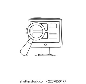 Finding information on computer screen, search or analyze business data. Concept of research, analytics, management with magnifier looks at monitor vector sketch illustration
