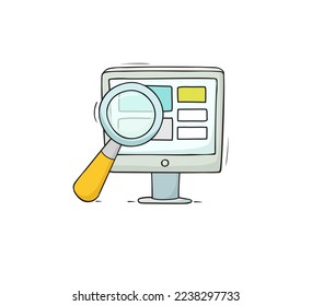 Finding information on computer screen, search or analyze business data. Concept of research, analytics, management with magnifier looks at monitor vector sketch illustration