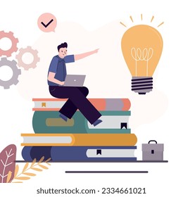 Finding innovative ideas, reading books helps creativity. Student with laptop sitting on textbooks. Male character takes online courses and webinars. Concept of e-learning and internet education.