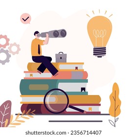 Finding innovative ideas, reading books helps creativity. Student sitting on textbooks and looking binoculars. Businessman takes online courses, webinars. Concept of e-learning and internet education.