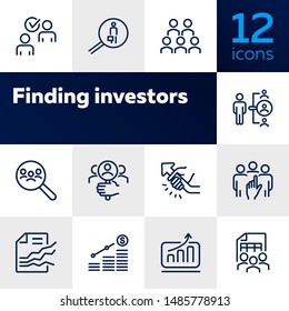 Finding investors line icon set. Magnifier glass, businessman with briefcase, search. Business concept. Can be used for topics like startup, investment, planning, analysis