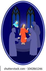 Finding Jesus in the temple, infant Jesus surrounded by the silhouettes of teaches and Virgin Mary, in a dark blue oval