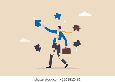 Finding jigsaw piece to complete work, career or success business, search for new idea to solve self problem, challenge or inspiration concept, businessman finding jigsaw to complete himself.