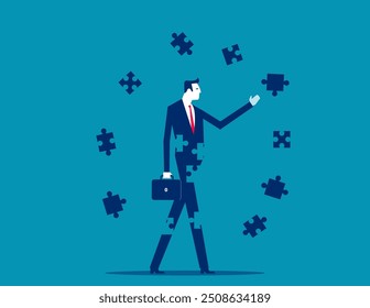 Finding jigsaw piece to complete work, career or success business, search for new idea to solve self problem, challenge or inspiration concept, businessman finding jigsaw to complete himself.
