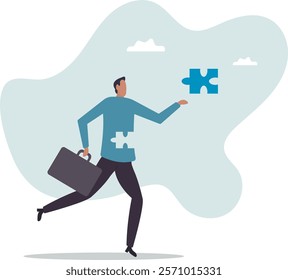 Finding jigsaw piece to complete work, career or success business, search for new idea to solve self problem, challenge or inspiration.business concept.flat character.