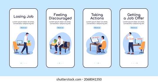 Finding job after unemployment onboarding mobile app screen flat vector template. Walkthrough website 4 steps with characters. Creative UX, UI, GUI smartphone cartoon interface, case prints set