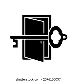 Finding key to get out black glyph icon. Gain access to open door. Solving puzzles, clues for riddles. Part of quest. Escape room. Silhouette symbol on white space. Vector isolated illustration