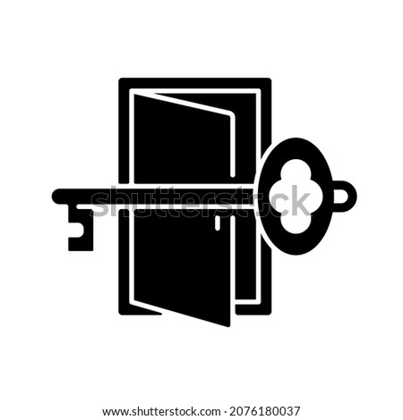Finding key to get out black glyph icon. Gain access to open door. Solving puzzles, clues for riddles. Part of quest. Escape room. Silhouette symbol on white space. Vector isolated illustration