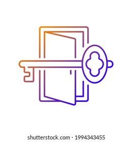 Finding key to get out gradient linear vector icon. Gain access to open door. Solving puzzles, clues for riddles. Thin line color symbols. Modern style pictogram. Vector isolated outline drawing