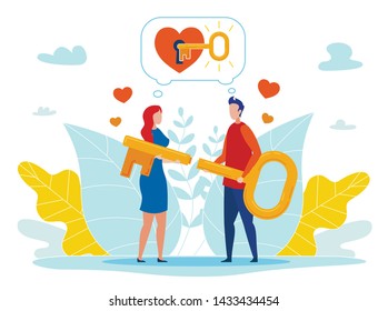 Finding Key to Loved One Heart Flat Vector Concept with Man and Woman in Love Holding Key Parts in Hands, Couple on Date Trying to Start, Renovate Broken Relationships, Find Understanding Illustration