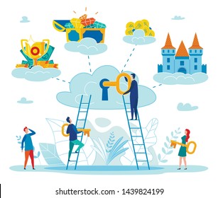 Finding Key to Personal Happiness Flat Vector Concept with People Climbing on Ladder to Cloud, Putting Key in Keyhole, Reaching Success in Business, Getting Wealth, Find Inspiration Illustration