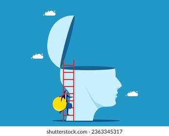 Finding knowledge for oneself. Businessman holding a light bulb climbs the stairs on a big head