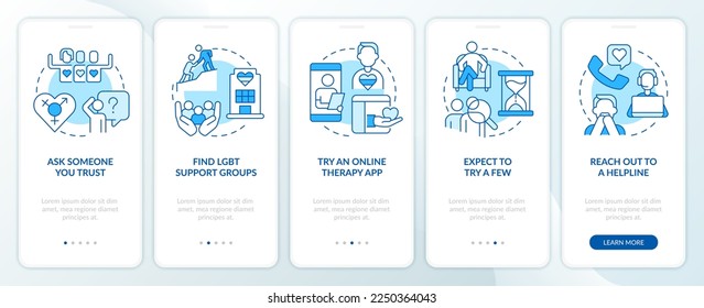 Finding LGBTQ friendly therapist blue onboarding mobile app screen. Walkthrough 5 steps editable graphic instructions with linear concepts. UI, UX, GUI template. Myriad Pro-Bold, Regular fonts used
