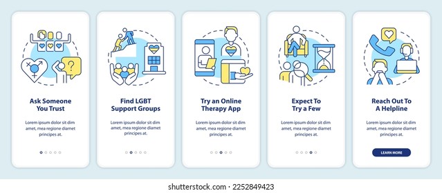 Finding LGBTQ friendly therapist onboarding mobile app screen. Walkthrough 5 steps editable graphic instructions with linear concepts. UI, UX, GUI template. Myriad Pro-Bold, Regular fonts used