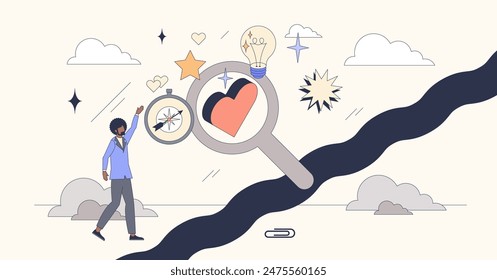 Finding a life coach for personal mentoring tiny person neubrutalism concept. Work and relationship balance advices for self care and wellness vector illustration. Mentor support with life guidance.