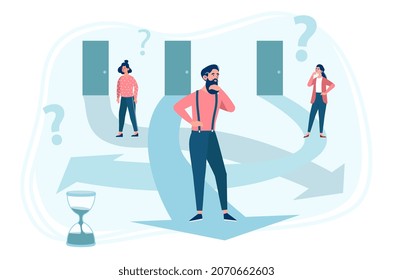 Finding life path concept. Men and women go inside themselves for psychotherapy and search for solutions. Characters make memories in time and enter different doors. Cartoon flat vector illustration