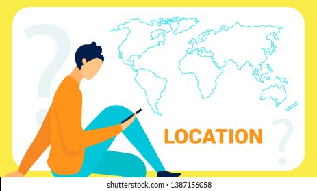 Finding Location with App Flat Banner Template. Cartoon Tourist, Traveller Searching Route in Smartphone. World Map, Outlined Continents Vector Illustration in Frame. Mobile Application Promo Layout