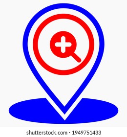 Finding a location. Magnifier icon and location. Zoom in. Vector icon.