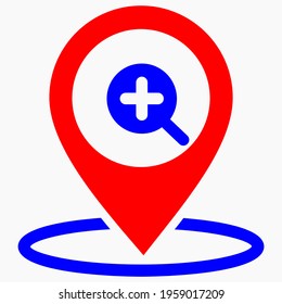 Finding a location. Magnifier icon and location. Zoom in. Vector icon.
