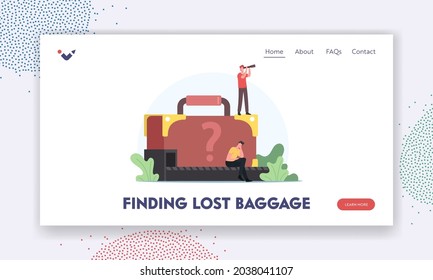 Finding Lost Baggage Landing Page Template. Upset Passenger Lose Suitcase at Conveyor. Man with Spyglass Search Lost Luggage. Traveler Characters Claim in Airport. Cartoon People Vector Illustration
