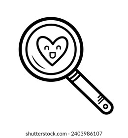 Finding love with magnifying glass vector illustration icon with black outline isolated on white square background. Simple flat minimalist art styled drawing with valentine and love theme.