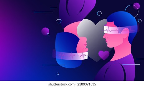 Finding Love in Metaverse. Young Couple in Virtual Reality, Romantic Relationship Illustration. Vector illustration