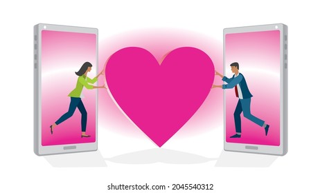 Finding love, online dating. Woman and man on mobile phone with big pink heart. Vector illustration. Dimension 16:9. 