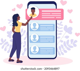 Finding love online flat concept vector illustration. Young woman scrolling through potential mates isolated 2D cartoon character on white for web design. Online dating service creative idea