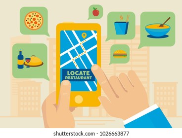 Finding lunch restaurants with smartphone map application from city vector illustration.