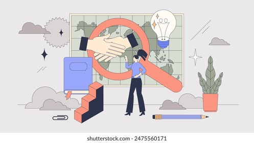 Finding a mentor for personal motivation tiny person neubrutalism concept. Hire professional couch for distant consultation about development or growth vector illustration. Leadership advice contract