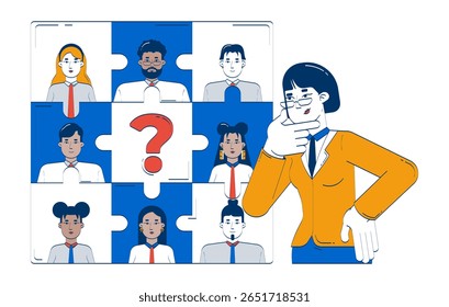 Encontrando a peça ausente em HR problema de quebra-cabeça conceito de ilustração de doodle. Gerente feminina ponderando sobre recrutamento desafio personagens 2D isolado em branco. Metáfora de vetor desenhada à mão