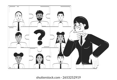 Encontrando a peça ausente no problema de HR rabiscar conceito de ilustração de linha. Gerente feminina ponderando sobre o desafio de recrutamento personagens de contorno 2D isolados. Metáfora monocromática de tinta desenhada à mão