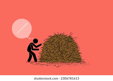 Finding a needle in a haystack. Vector illustrations clip art depicts concept of difficult task, impossible mission, hidden gem, challenging job, and extreme effort. 