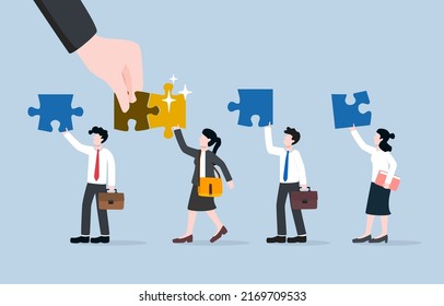 Finding new employee who can fit well with team, matching candidate with qualification of job vacancy, company recruitment concept. HR hand find best job candidate with completed jigsaw pieces match.