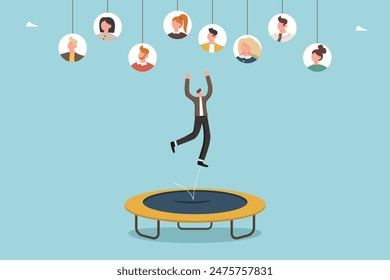 Finding new employees, matching candidates to job responsibilities, allocating resources, changing team structure, restructuring departments and positions, man on trampoline catching candidates.