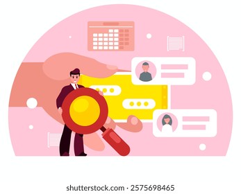 Finding new friends on the Internet. Businessman holding a huge magnifying glass. Smartphone in hand. Chat on a smartphone screen. Vector graphics