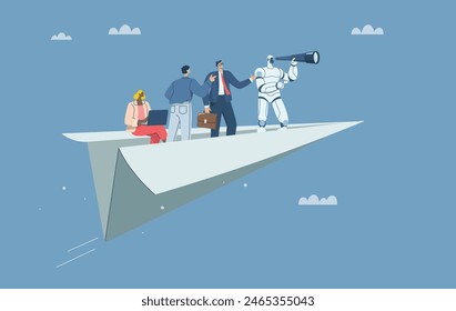 Finding new goals for company growth, New vision concept, Collaboration of personnel with artificial intelligence or AI, Robot uses binoculars with a business team on a paper plane. Vector design.