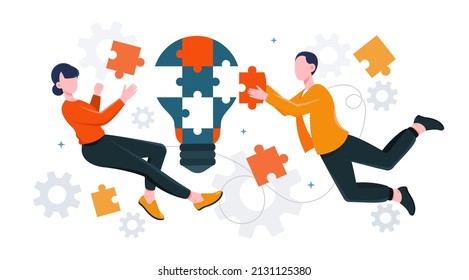 Finding New Ideas Abstract Concept. Man And Woman Collect Light Bulb Or Puzzle Pieces. Employees Looking For Solution To Problem And Promote Business. Cartoon Contemporary Flat Vector Illustration