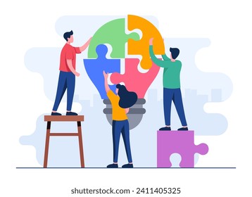 Finding new ideas, Business people join jigsaw puzzle pieces flat illustration vector template, Teamwork, Partnership, Cooperation, Achievement, Solution, Problem-solving,